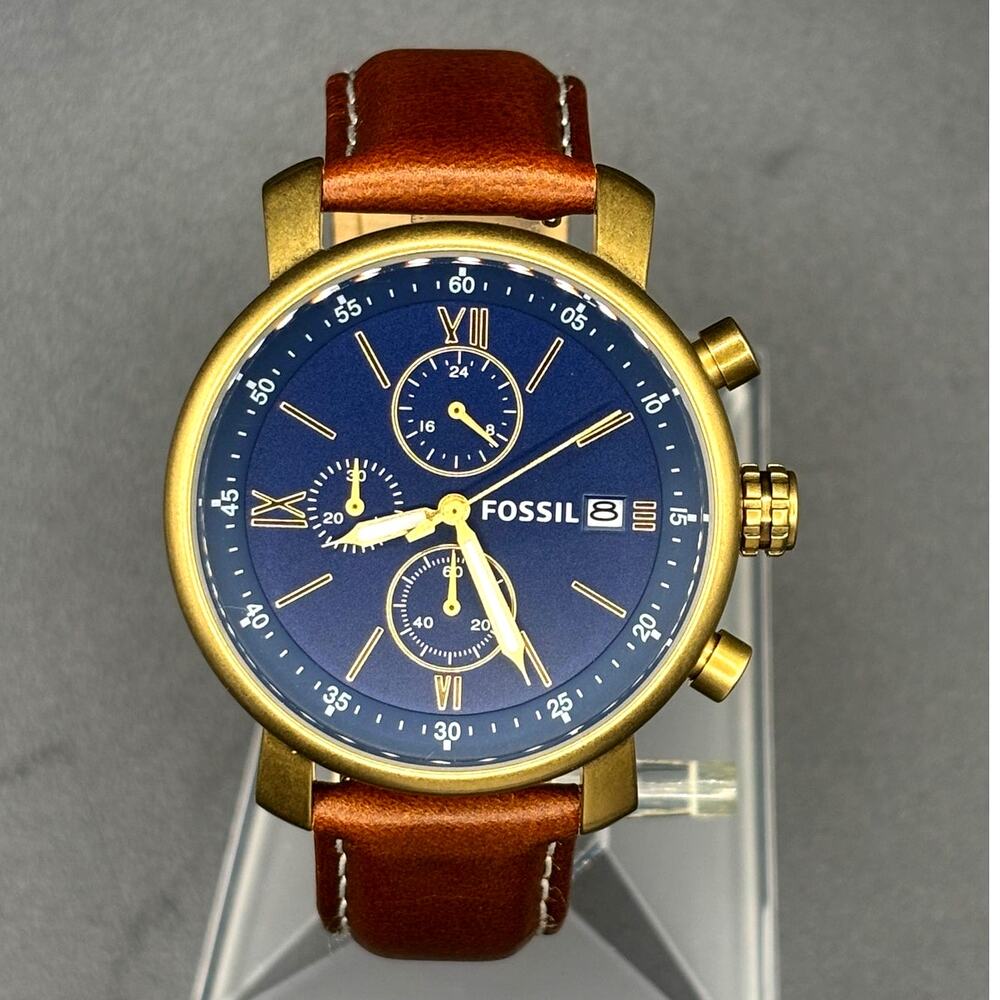 Fossil Rhett BQ2099 Gold Tone Blue Chronograph Watch 42mm NIB
